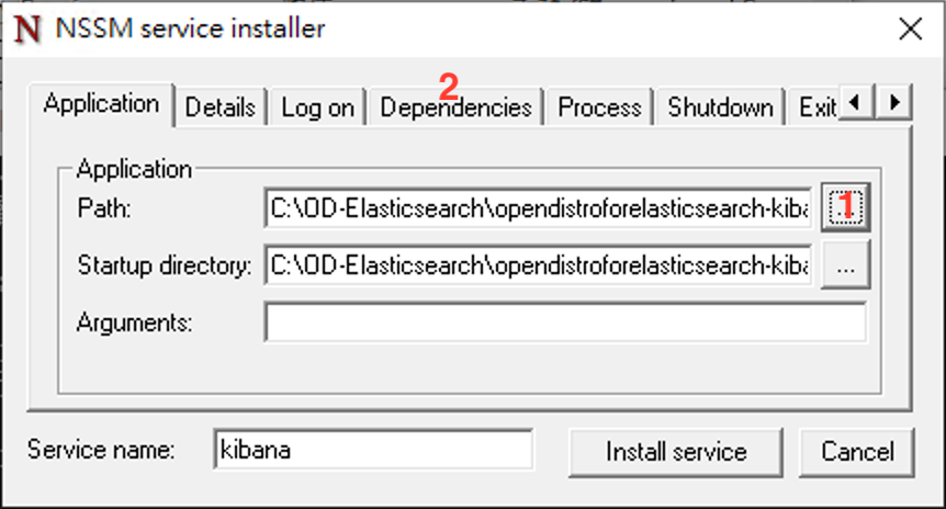 open distro for Kibana nssm setting