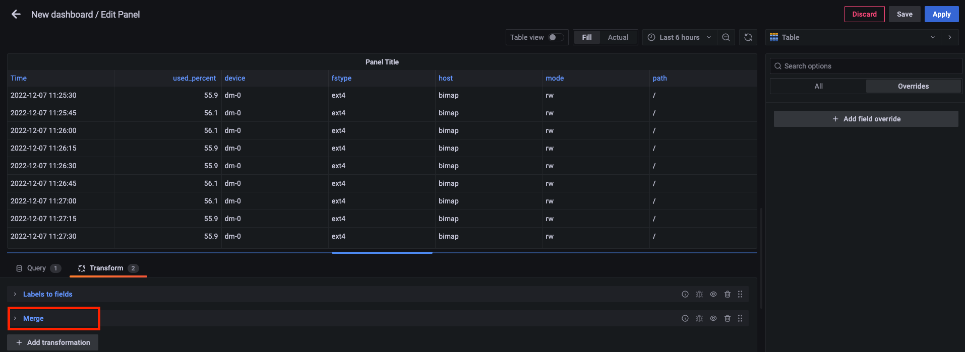 grafana | transform - merge